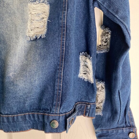 Taxi Womens Distressed Denim Jacket With Ripped Details Long Sleeves & Button Fr - Picture 13 of 15